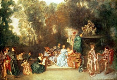 Fête galante mit Gitarrenspieler und einer Skulptur von Putti, die mit einem Widder spielen, ca. 1717-19 von Jean Antoine Watteau